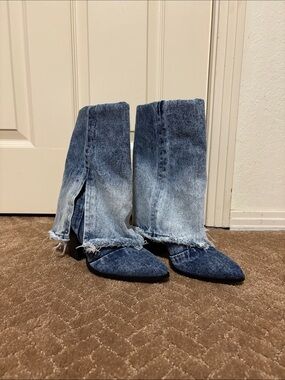 Steve Madden Blue Denim Pointed-Toe Heeled Boots